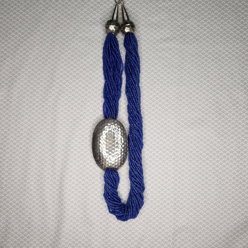 Vintage Cobalt Blue Multi Strand Seed Bead Necklace Hammered Silver Pewter Boho - Picture 6 of 6